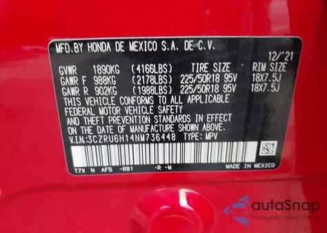 2022 Honda Hr-V Sport из США, поврежденный, VIN 3CZRU6H14NM736448